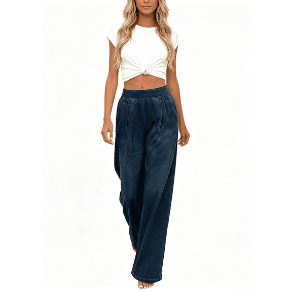 Atkumj Wide Leg Pants for Women Comfortable Baggy Elastic High Waist Yoga Pants with Pockets Versatile Solid Coloe Faux Denim Trousers Pants for Women S