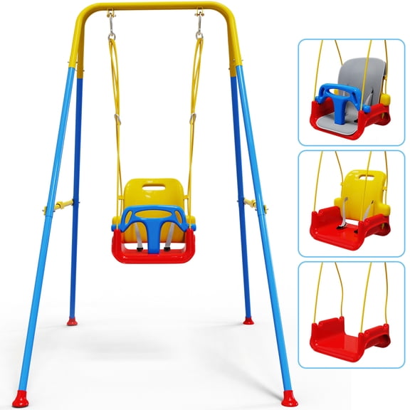 3-in-1 Toddler Swing with Soft Cushion Outdoor Toys, Baby Swing for Outside, Kids Swing with Metal Frame, Red & Blue