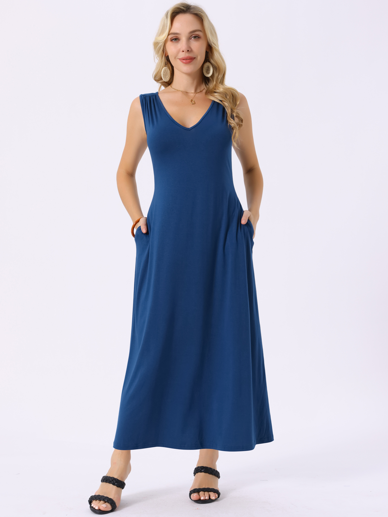 DARING DIVA Maxi Sleeveless V Neck Tie Waist Casual Long Dress S Dark Blue