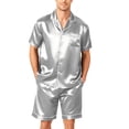 thumbnail image 2 of Leidass Mens Pajama Set Short Sleeve Button Down Sleepwear Set with Shorts Satin Lounge Set Notch Collar Pocket Silver M, 2 of 6