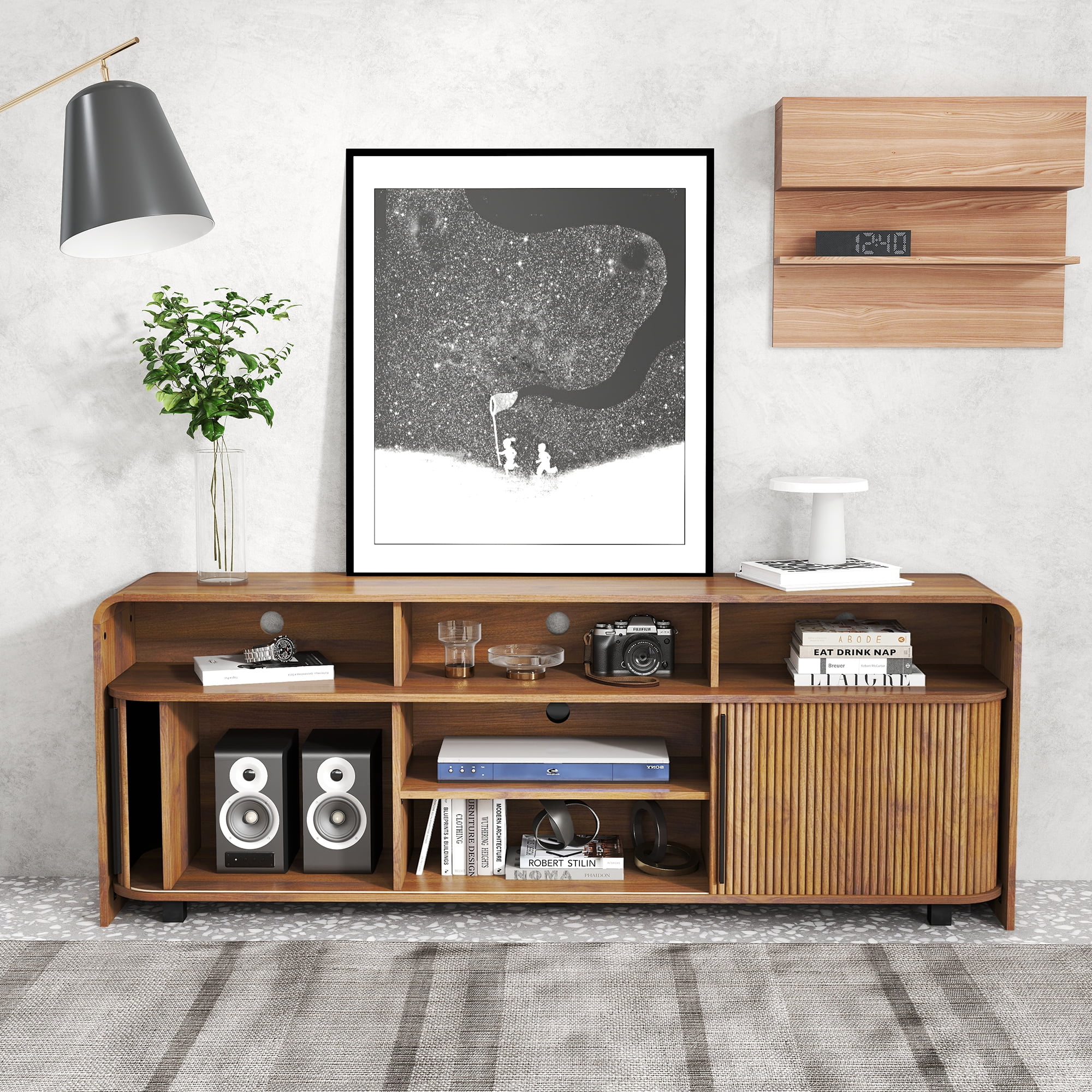 Mid Century Modern TV Stand for Bedroom, Fluted Entertainment Center for TVs up to 75 Inch, Media Console with Sliding Doors for Living Room, Walnut
