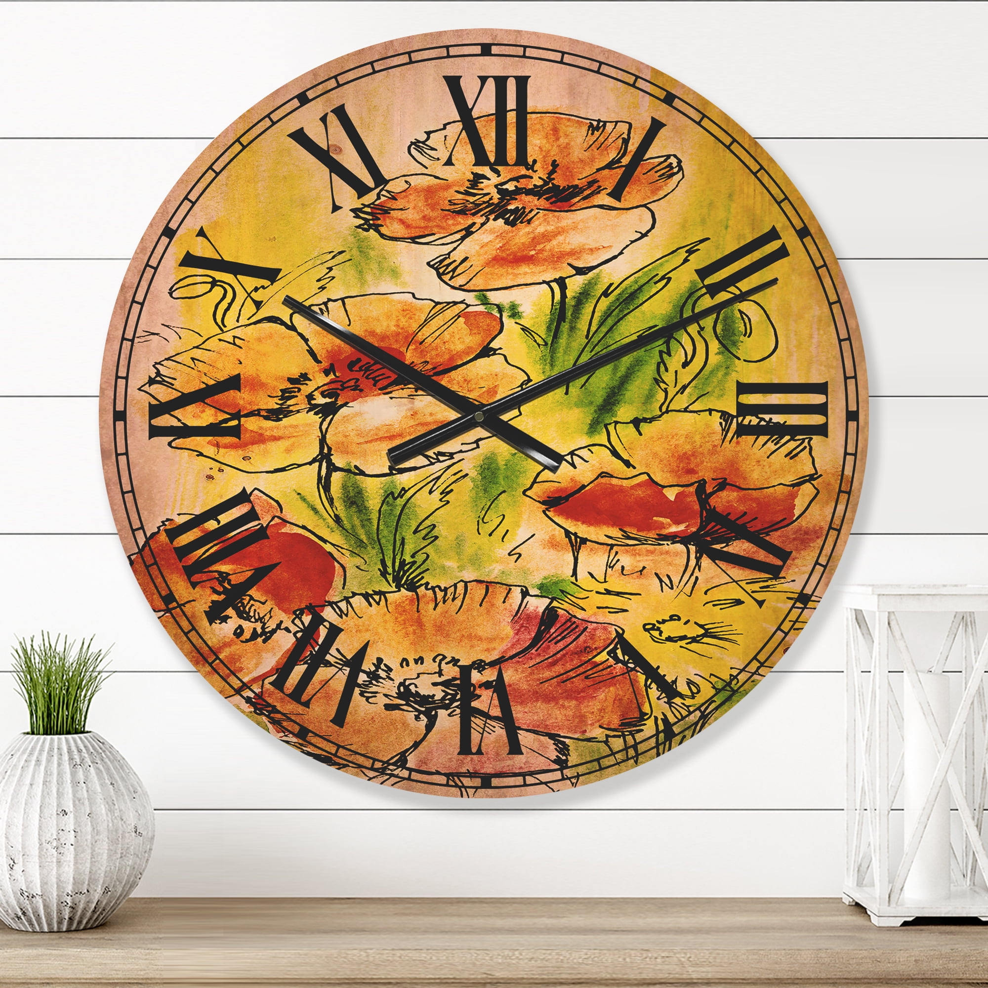 Designart 'Bouquet Poppies' Floral Wood Wall Clock