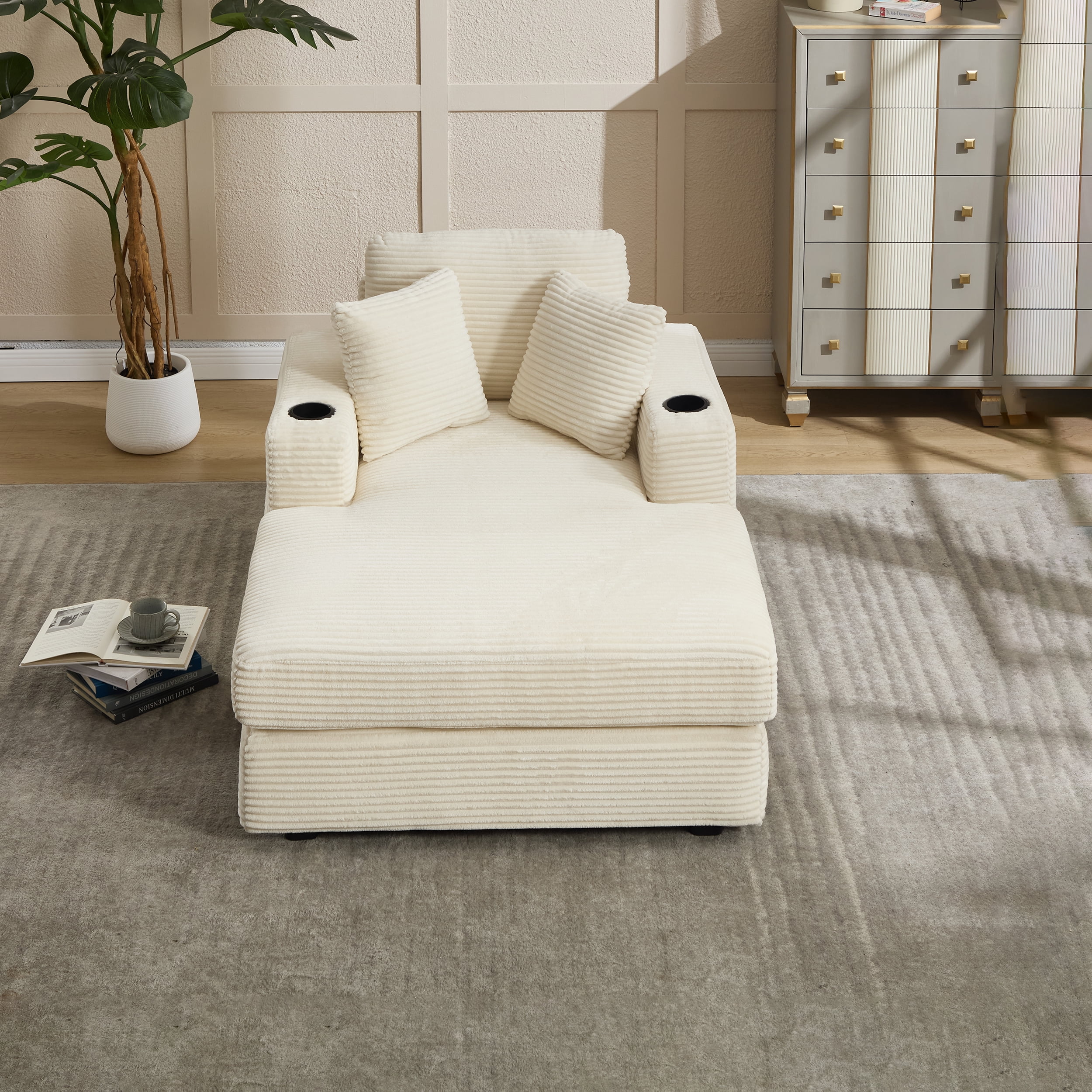 Leumius Chaise Lounge Sofa with Magazine Pocket and Double Cup Holder - Removable Cushions, Ergonomic Corduroy Sofa with Deep Seat, Perfect for Living Room or Home Office,Beige.