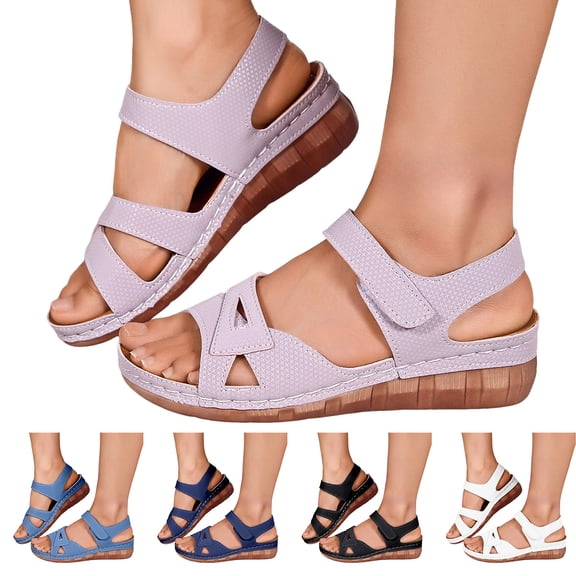 Dakaela Low Wedge Sandals for Women Comfortable Arch Support Orthopedic Summer Beach Dressy Walking Shoes with Hook and Loop Size 6.5