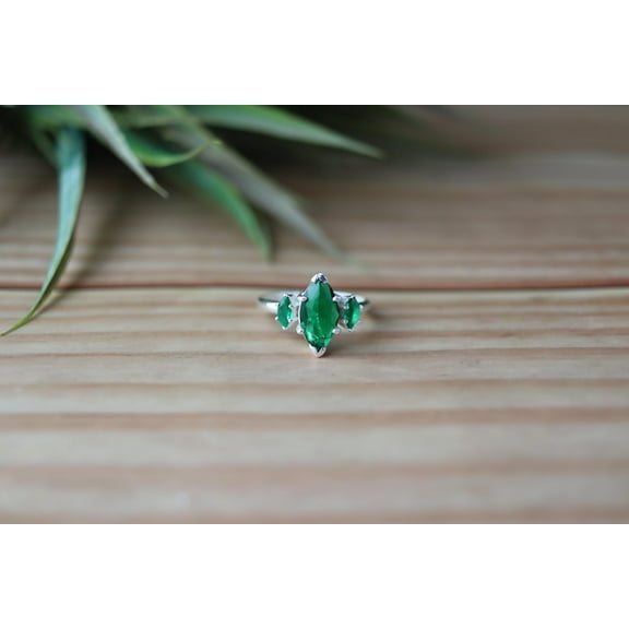 Green Emerald Ring, 925 Sterling Silver Ring, Three Stone Ring, Wedding Ring, Marquise Cut Ring, Natural Ring, Boho Ring, Beautiful Ring**