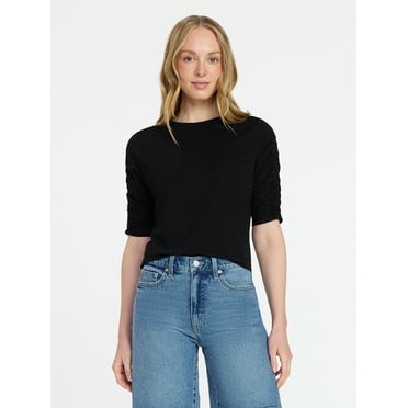Time and Tru Women's Ruched Elbow Sleeve Tee, Sizes XS-XXXL