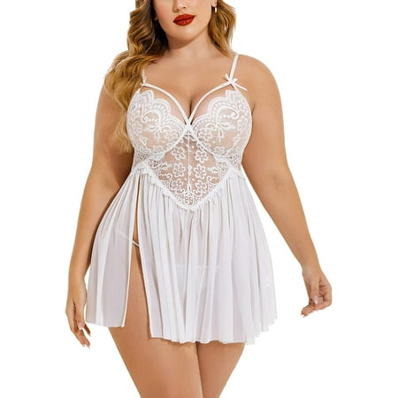 

Avidlove Plus Size Lingerie Lace Babydoll Womens Strap Chemise Nightgown V Neck Nighty Mesh Sleepwear Side Slit Nightdress（White，L)