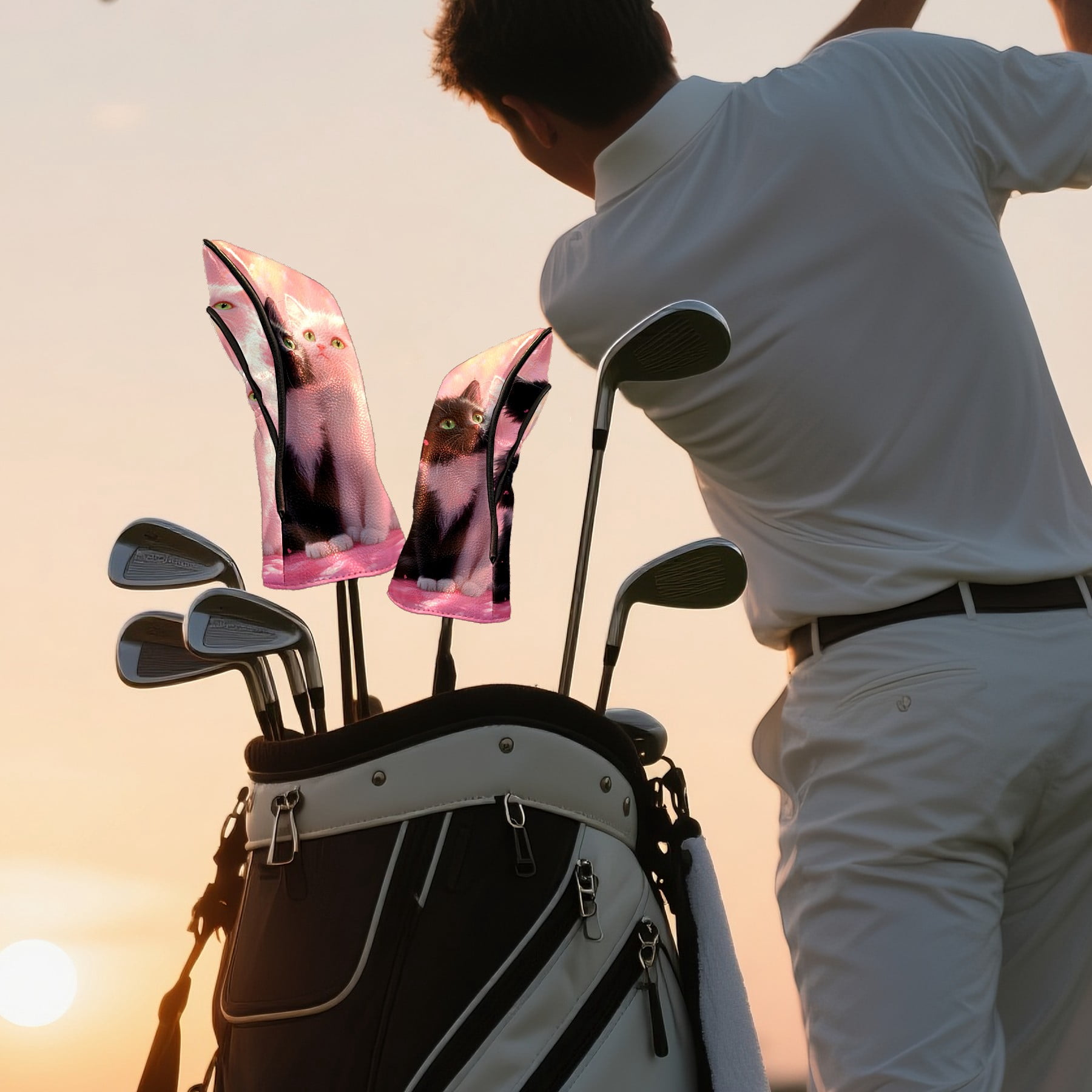 Golf Club Covers PU Leather Waterproof Head Covers for Fairway Woods Hybrids Black and White Cat