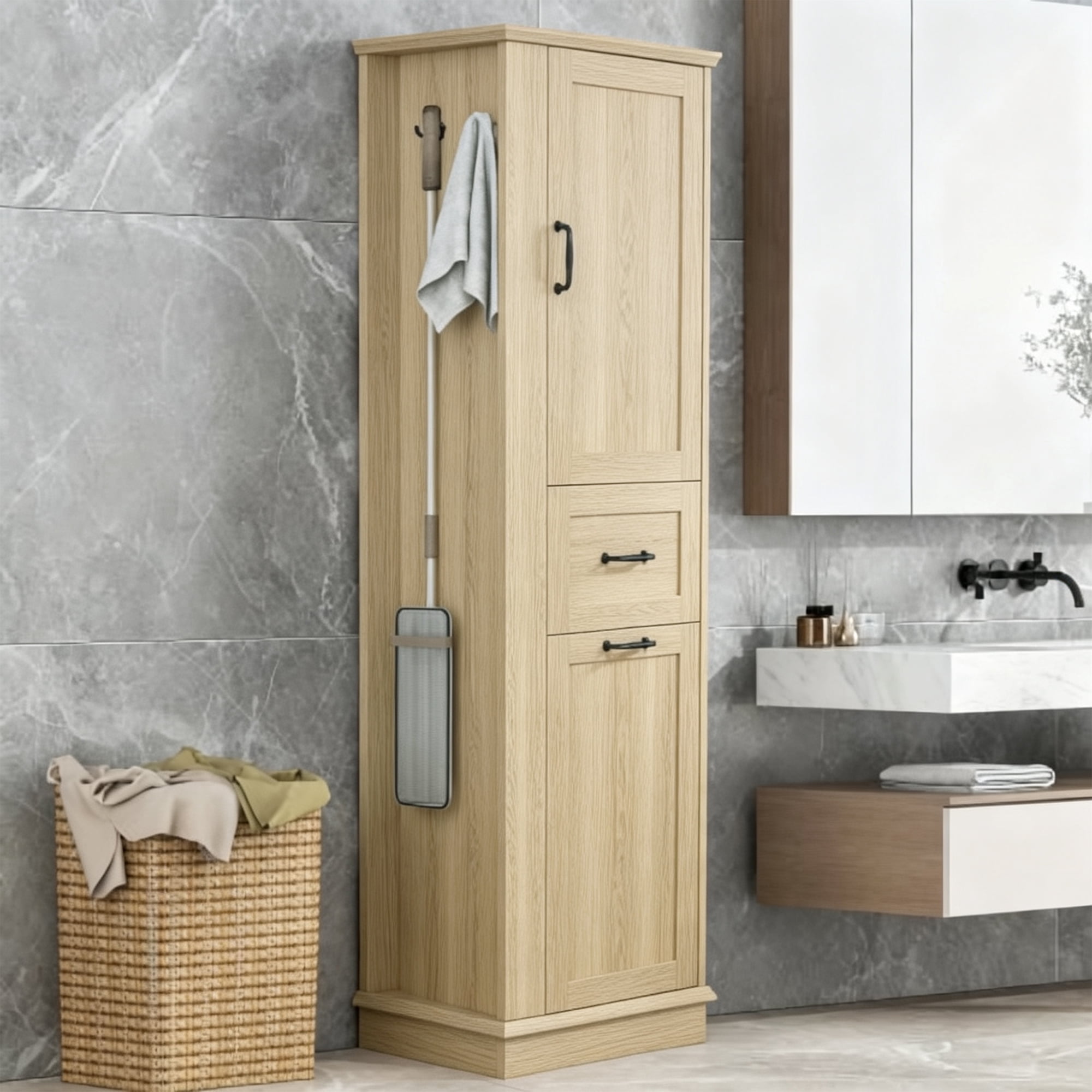 Anpport 67.8" Tall Storage Cabinet, Soft Close Doors & Adjustable Shelves, Freestanding Organizer for Bathroom & Home Organization, Natural