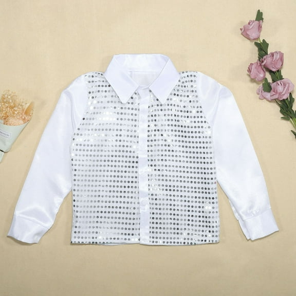 Kids Girls Sparkly Sequins Dance Top Boys Long Sleeve Button Down Shirt for Performance (White 5-6 Years)