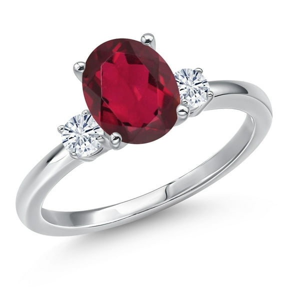 Gem Stone King 14K White Gold Ruby Red Mystic Quartz and White Moissanite Engagement Ring for Women | 2.00 Cttw | Oval 9X7MM | Gemstone Birthstone | Size 7