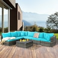 thumbnail image 1 of Costway 7PCS Patio Rattan Furniture Set Sectional Sofa Garden Turquoise Cushion, 1 of 10