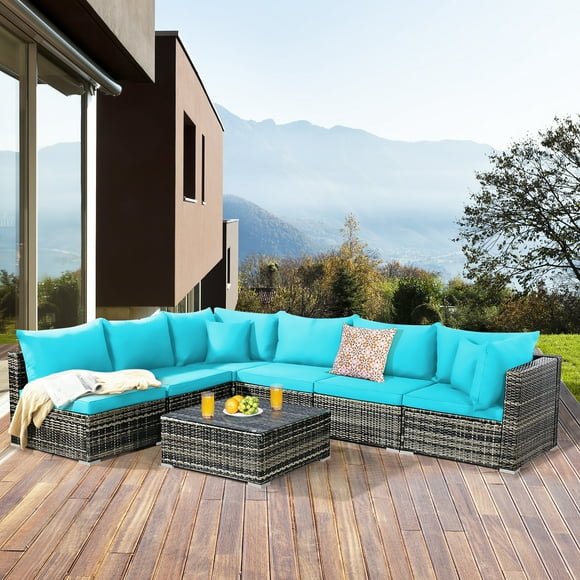 Costway 7PCS Patio Rattan Furniture Set Sectional Sofa Garden Turquoise Cushion