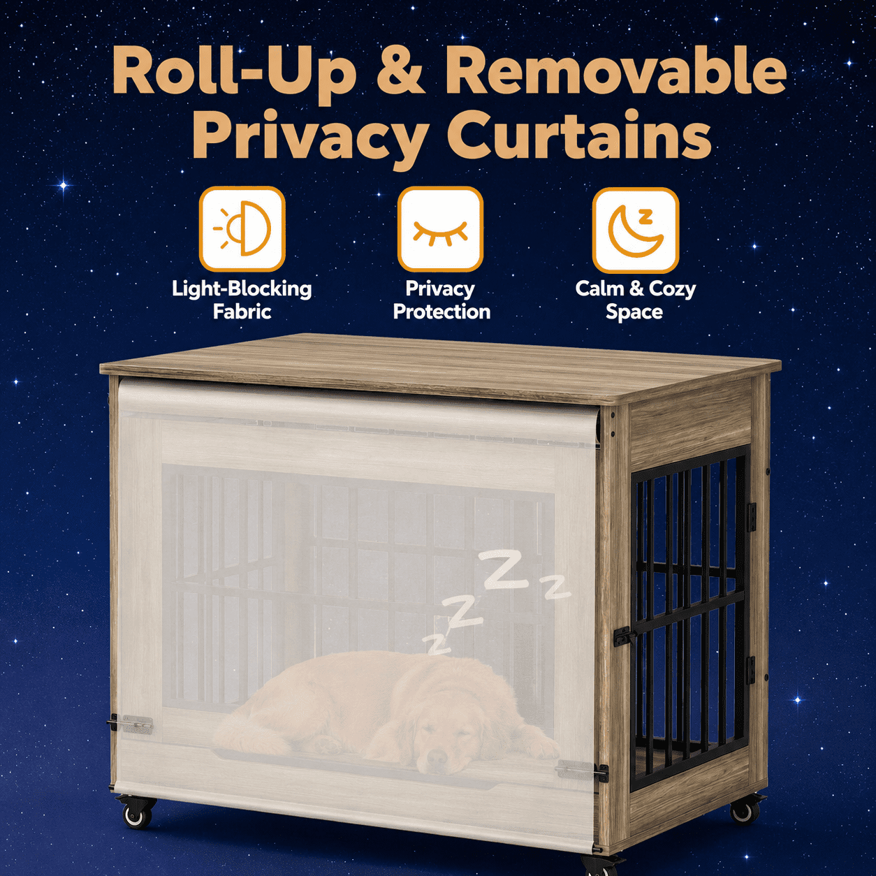 Aukfa 38.6-Inch Large Dog Crate Furniture, Indoor Dog Kennel Decorative Pet Cage End Table, Lift-Up Door, Curtain & Wheels,Greige