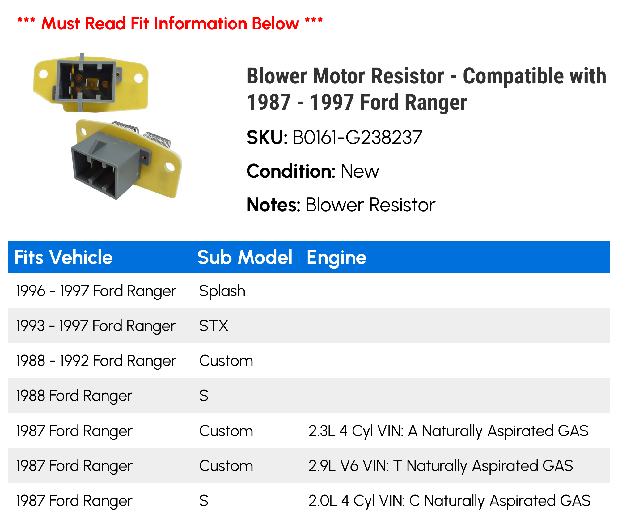Blower Motor Resistor - Compatible with 1987 - 1997 Ford Ranger 1988 1989 1990 1991 1992 1993 1994 1995 1996