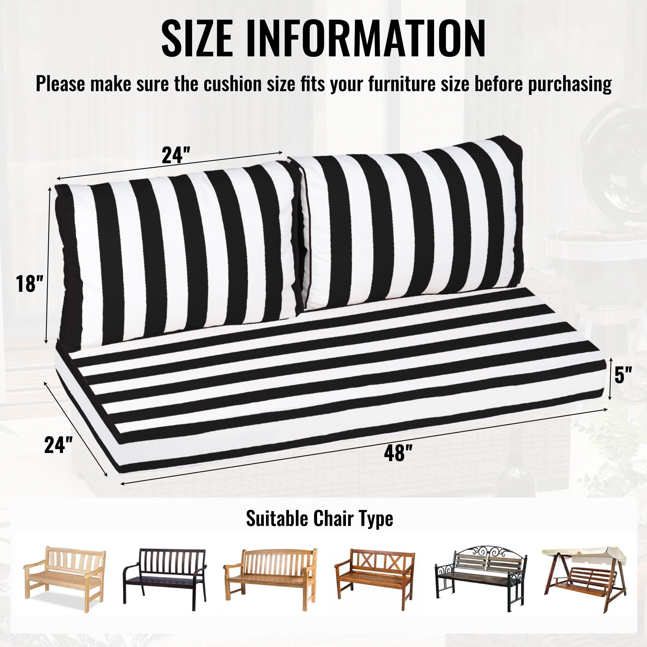 Geemuslly 48 x 24 Outdoor Loveseat Cushion Set, Waterproof & Fade-Resistant Patio Replacement Cushions for Sofa, Bench, or Swing – Thick Seat & Backrest Support,Black & White Stripes