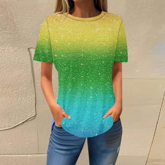 Wycnly Summer Tops for Women Shirts for Women Plus Size Lightweight Comfy Going out Tunic Tops Trendy Gradient Print Tees Ladies Round Neck Short Sleeve Tunic Top