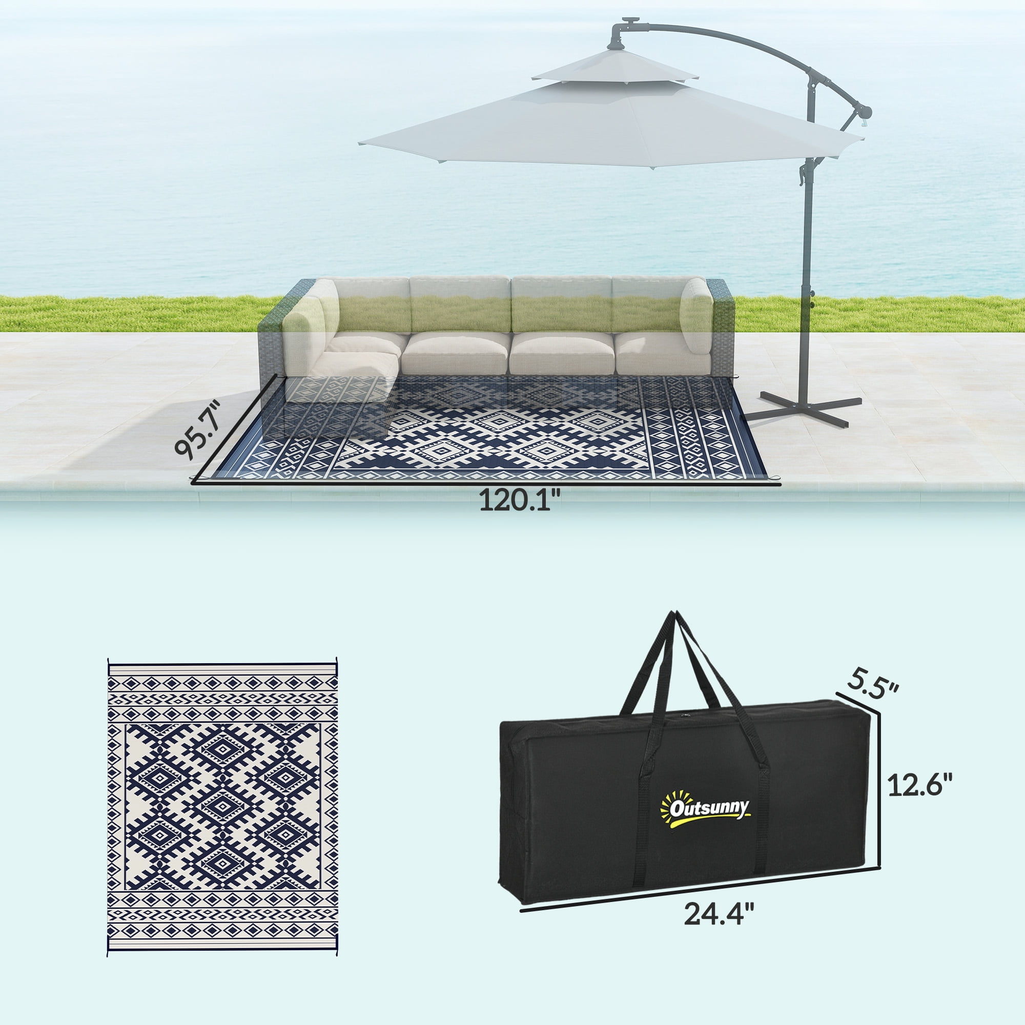Outsunny Outdoor Patio Rug, Large Camping Carpet with Carrying Bag, 8' x 10' Waterproof Plastic Straw, Reversible, Blue & White Rhombus Border