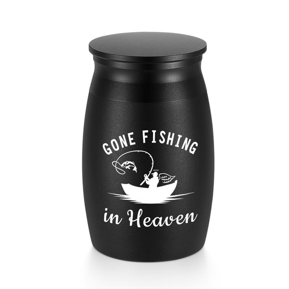 XIUDA Small Urns for Human Ashes - 2.76 Inches Black Aluminium Urn for Ashes Keepsake, Cremation Urns Memorial Holder, Funeral Sharing Decorative Urn for Women Men - Gone Fishing Mini Urn