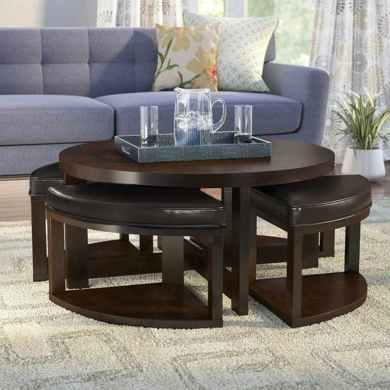 5-Piece Espresso Coffee Table Set Modern Round Table with - Main Image