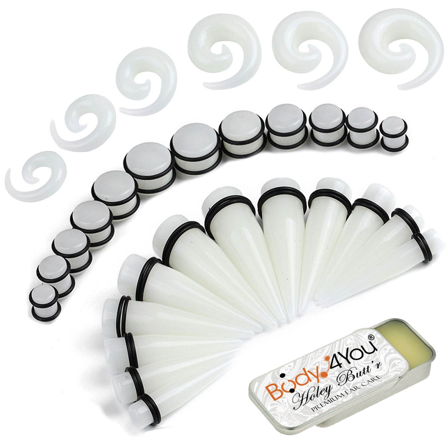 BodyJ4You 37PC Gauges Kit Ear Stretching Aftercare Balm 00G20mm Glow Dark Spiral Taper Plugs