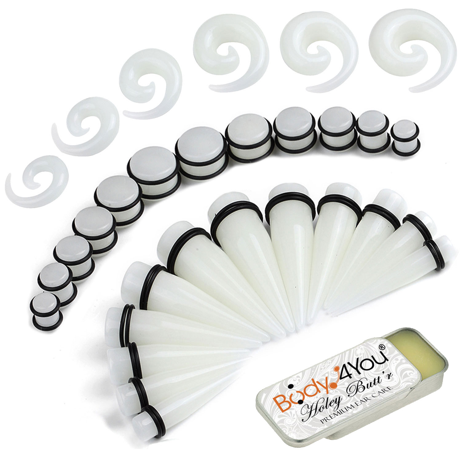 BodyJ4You 37PC Gauges Kit Ear Stretching Aftercare Balm 00G-20mm Turquoise Spiral Taper Plugs Set