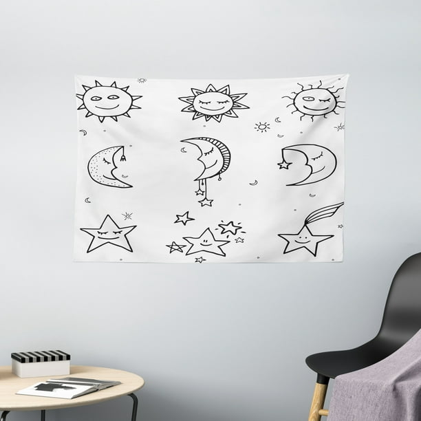  Tapiz de bocetos, imagen dibujada a mano de Sun Moon Stars Emoji Kids Nursery Room Art Print Image, para colgar en la pared para dormitorio, sala de estar, dormitorio, decoración, 60 pulgadas de ancho x 40 pulgadas de largo, blanco y negro, por
