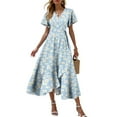 thumbnail image 4 of felwors Summer Dresses for Women 2025 Casual V Neck Short Sleeve Floral Midi Dress Tie Waist Ruffle Boho Cute Summer Dress Dark Blue, XXL, 4 of 9
