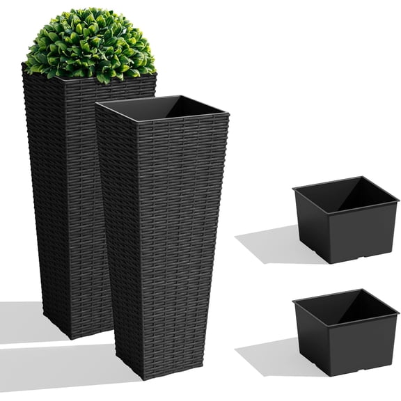 JessieMal Set of 2 Resin Rattan Tall Planters for Outdoor Plants, Large Tapered Planters with Drainage Holes&Inner Trays, Flower Pots for Garden, Patio, Porch, Backyard (Black, 24'')