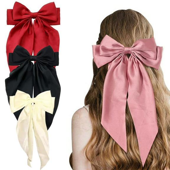 3 Pcs Women Hair Barrette Double-layeded Bow Satin Retro Large Size Solid Color Anti-slip Hair Ponytail Decoration Clip Hair Accessory