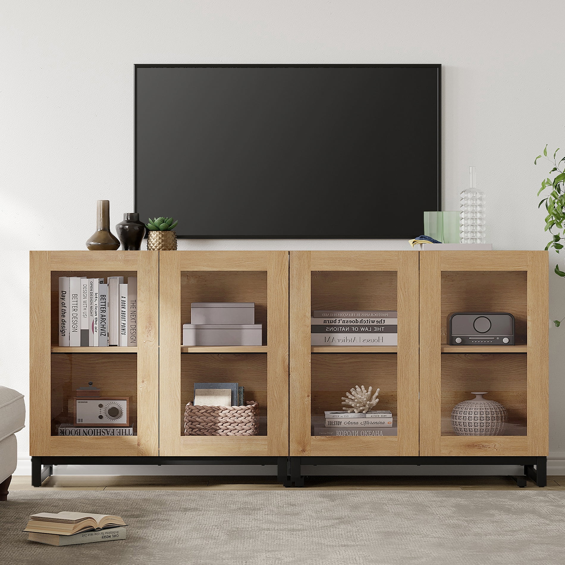 63 Inch Modern TV Stand with Glass Doors, Entertainment Center TV Console with Adjustable Shelves, Multi-Functional Media Cabinet for 32-70 Inch TVs, Ideal for Living Room,Oak