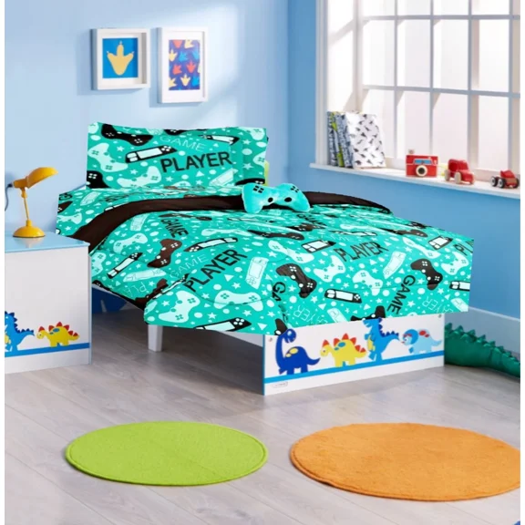 Bedding Set Twin 6pc Game Player Green Complete Bed in Bag Comforter with Plushie Toy Friend Matching Sheet Set.