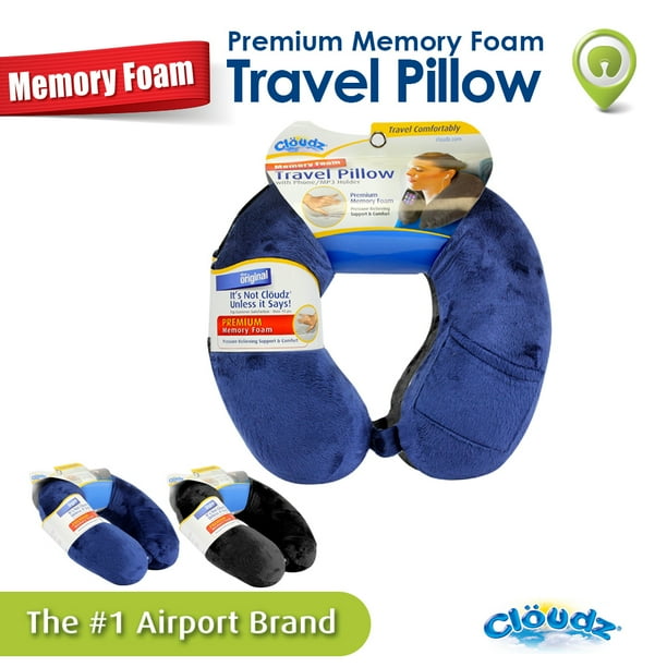 Cloudz Memory Foam Travel Neck Pillow with Snap & Pocket Blue