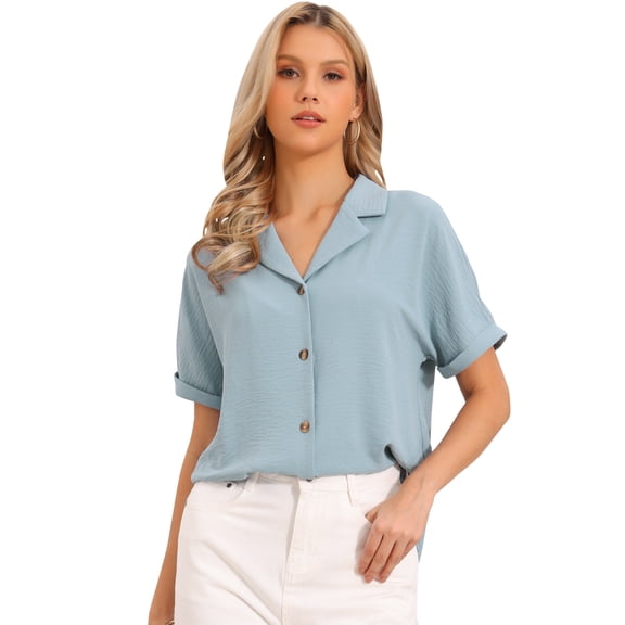 DARING DIVA Women's Business Casual Blouses Casual V Neck Short Sleeve Shirts M Blue