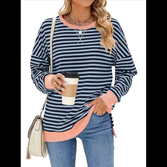 Sudadera Oversize para Mujer, Verano 2025, Cuello Redondo, Rayas, Larga, Aberturas Laterales, Sudaderas con Capucha Y2K Azul y Gris L