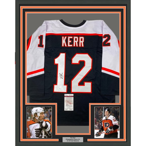 Framed Autographed/Signed Tim Kerr 35x39 Philadelphia Black Hockey Jersey JSA COA