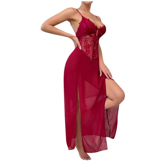 JSGEK Sexy Chemise Lingerie Nightgown for Women Spaghetti Strap Sheer Lace High Slit Maxi Dress Intimate Sleepwear Nightwear Red M