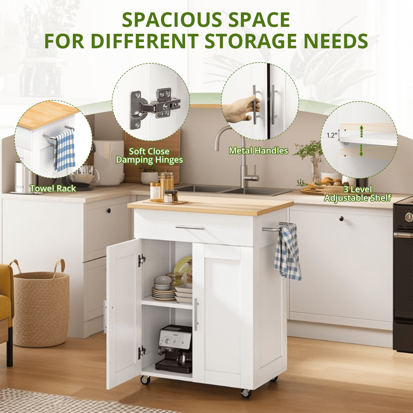 PulseFay Kitchen Island Cart with Storage, Small Kitchen Island on Wheels with Large Drawer, Adjustable Shelf & Towel Rack, Rolling Island Table for Kitchen & Dining Room, White