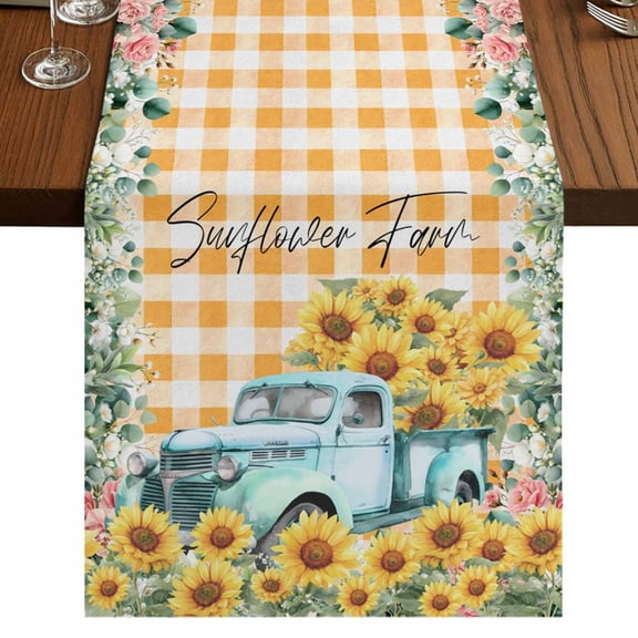 Table Runners 120 Inches Long Dress Scarves, Sunflowers Trucks Farmhouse Coffee/Dining/Kitchen Table Runner for Living Room, Spring Farmhouse Eucalyptus Orange Plaid 13x120 Inch