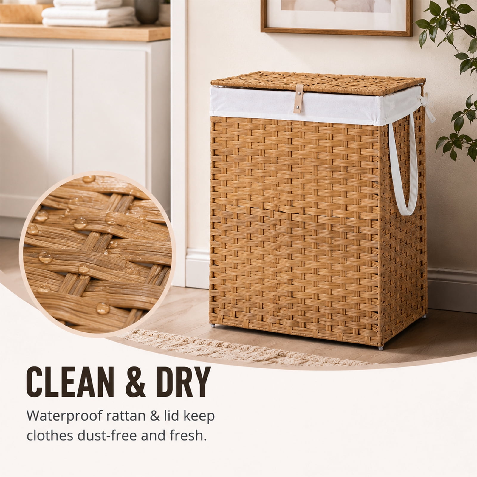 Alvantor 90L/110L Laundry Hamper with Lid, No Install Needed, Synthetic Rattan Clothes Laundry Basket with Lid and Handles, Foldable, Removable Liner, with Handles