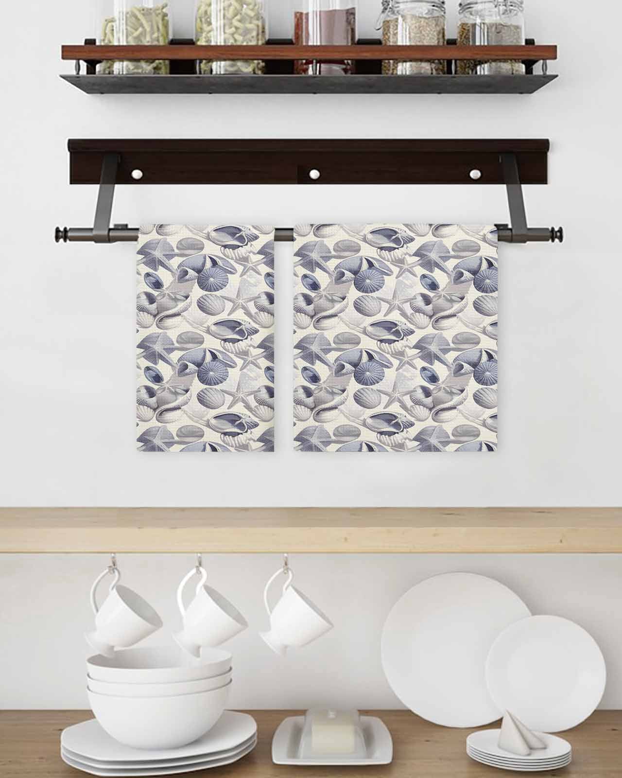 Vintage Coastal Kitchen Dish Towels for Drying Dishes Set of 3, Blue Grey Starfish Shell Conch Waffle Weave Microfiber Terry Hand Tea Bathroom Towels Quick Dry & Absorbent Towel 15.7x23.6