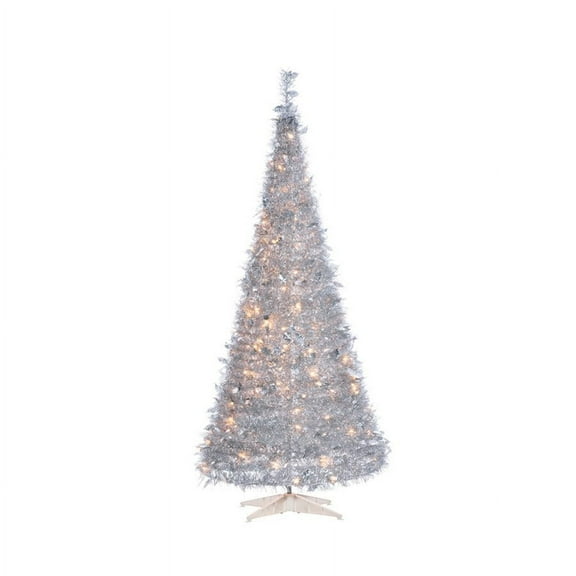 Gerson Companies 6 Feet Pop-Up LED Silver Tinsel Tree with Holly Leaves