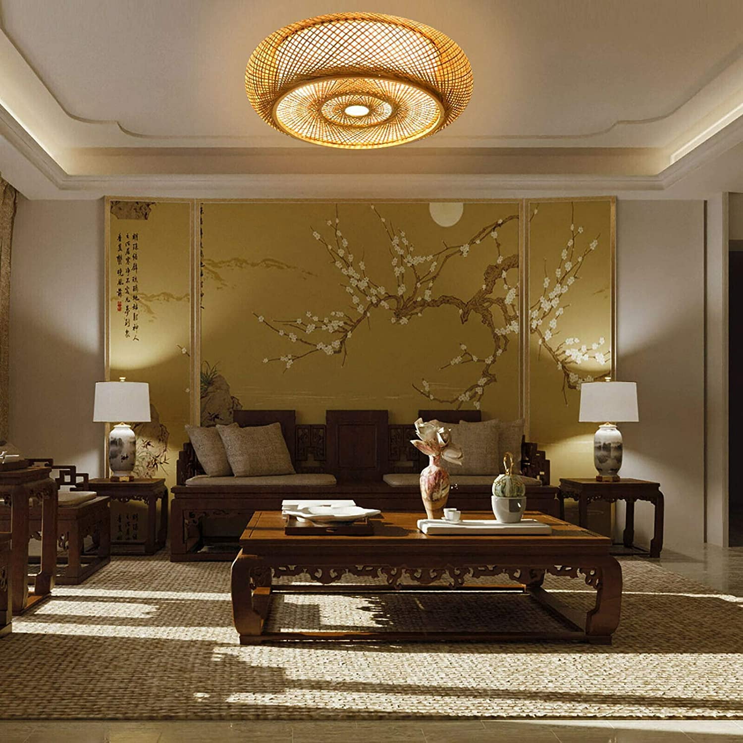 WUZSTAR 19.5 Inch Bird Cage Ceiling Light Chinese style Bamboo and Rattan Lantern Pendant Light