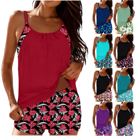 WNYEIME Tankini Swimsuits for Women - Floral Printed Summer Tummy Control Two Piece Bathing Suit Double Spaghetti Strappy Ruched Blouson Swim Tank Tops with Shorts Swimwear Multicolor#08 S