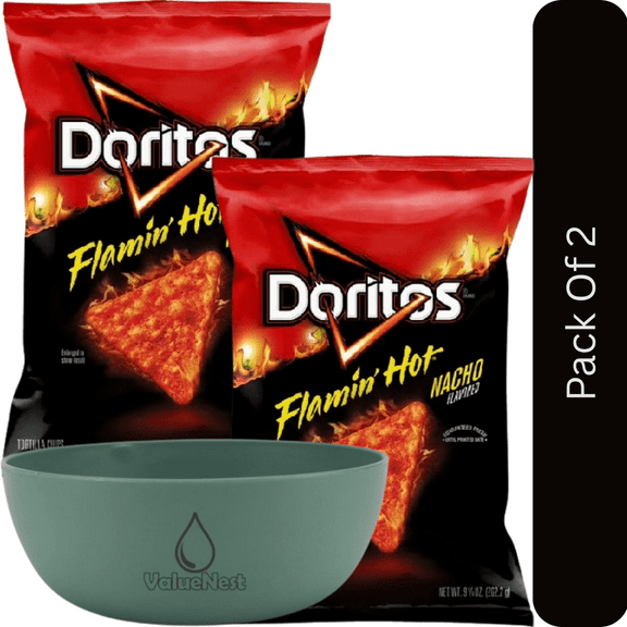 Doritos Flamin’ Hot Nacho Flavored Tortilla Chips, 9.25 oz Bag with olive green bowl by ValueNest