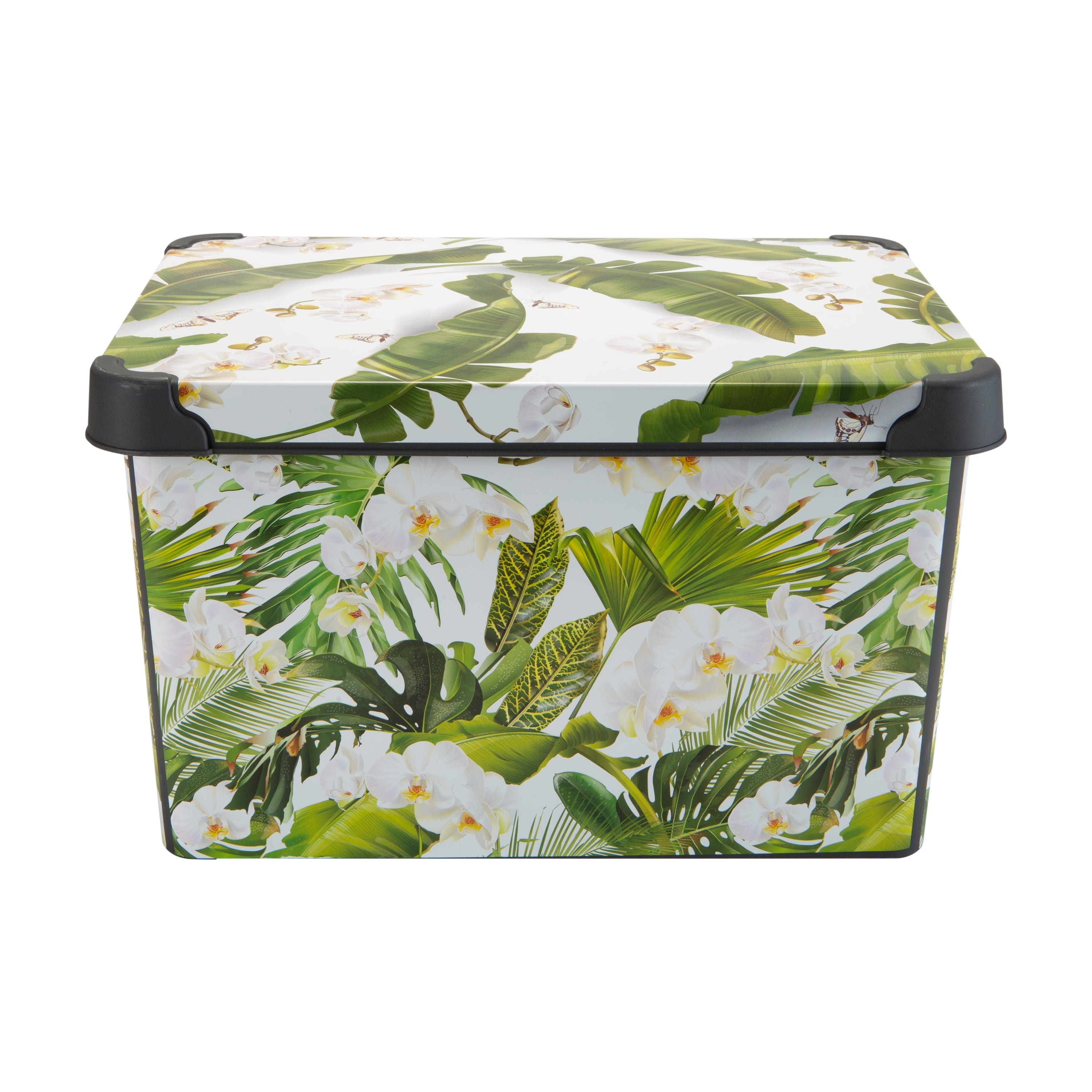 Simplify 2 Pack Tropical Leaf Print Design Plastic Storage Bin, White