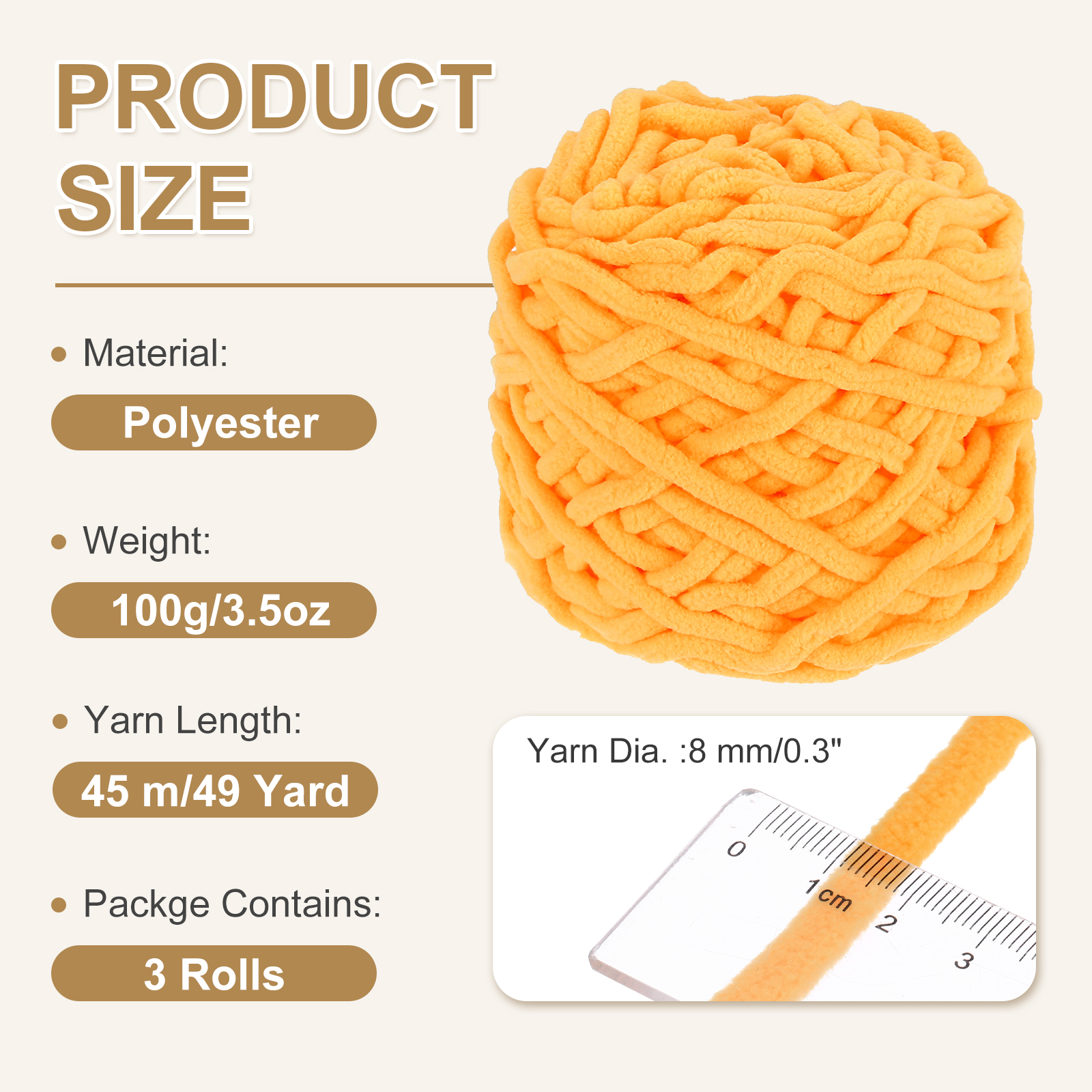 Uxcell 3 Pcs Blanket Yarn, 49 Yards Fluffy Velvet Plush Bulky Thick Chenille Chunky Yarn for Soft Velvet Blanket Shawl Scarf Crochet Hand Knitted Crafts, Golden Yellow
