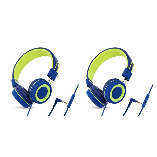 Cateissary Auriculares con cable de 3,5mm para teléfono móvil, orejera suave para niños, protección auditiva, Control de línea, auriculares Azul verde 2Conjunto