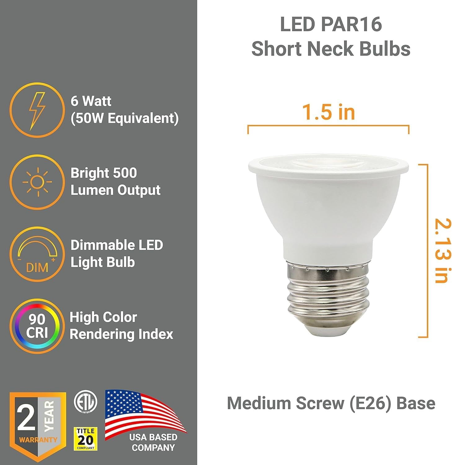 Diodesy- Pack of 6 MR16/LED/6W/940 MR16 LED Short Neck Recessed Flood Light Bulb, 6-Watt (50W Halogen Replacement), Dimmable, 4000K Cool White, 500LM, Spotlights for Outdoor Landscape, Tracking Lights