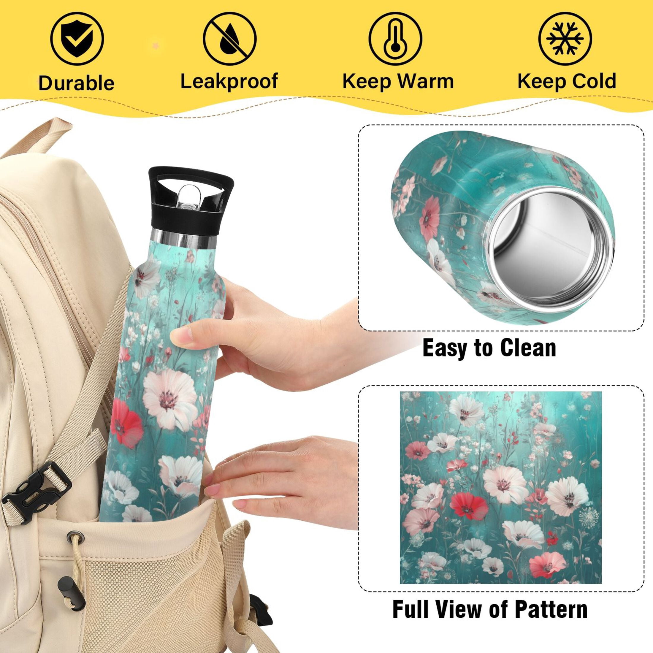 Kids Insulated Stainless Steel Sports Water Bottle 600ml (20oz) Beautiful Floral Pattern